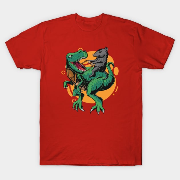 Opossum Riding a T-Rex Dinosaur // Funny Possum Dino Cartoon T-Shirt by SLAG_Creative